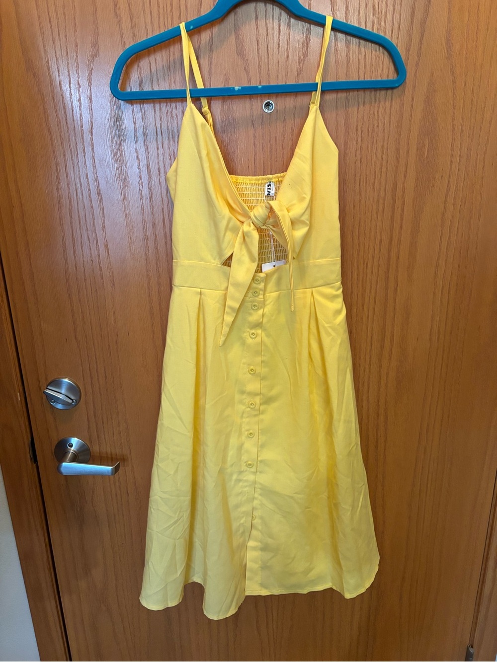 Yellow Tie-Front Button Midi Sundress with Spaghetti Straps
